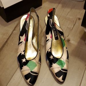Escada navy, green, pink and white sling backs
